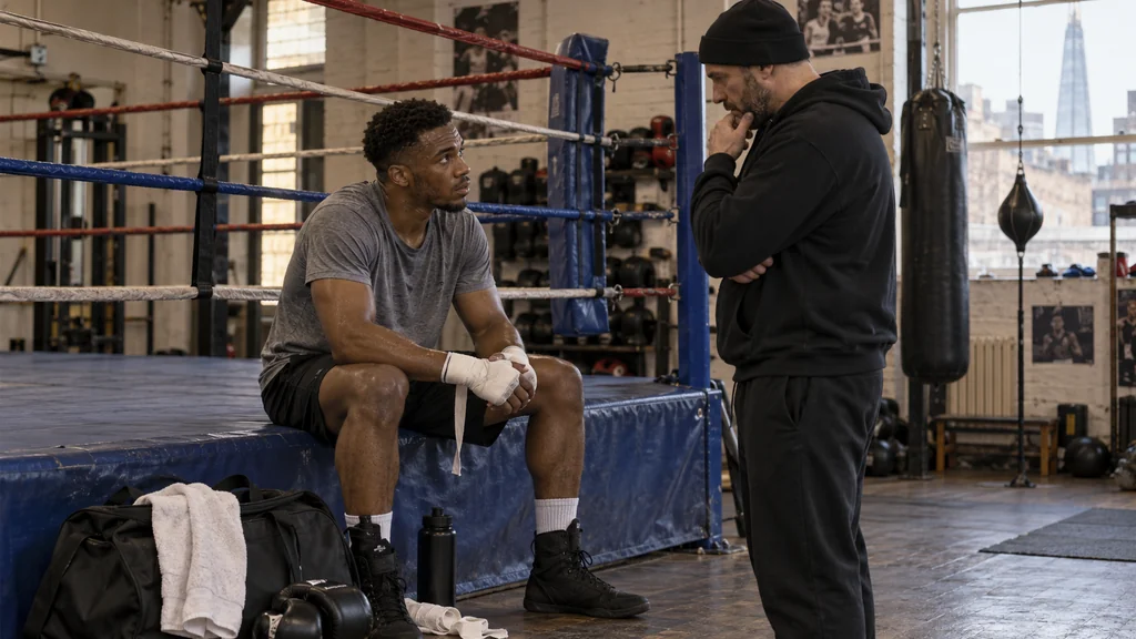 A boxer and trainer having a private conversation beside a boxing ring after training