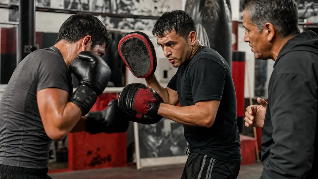 Two adult boxers drilling short punches with tight guards during coached close-range pad work