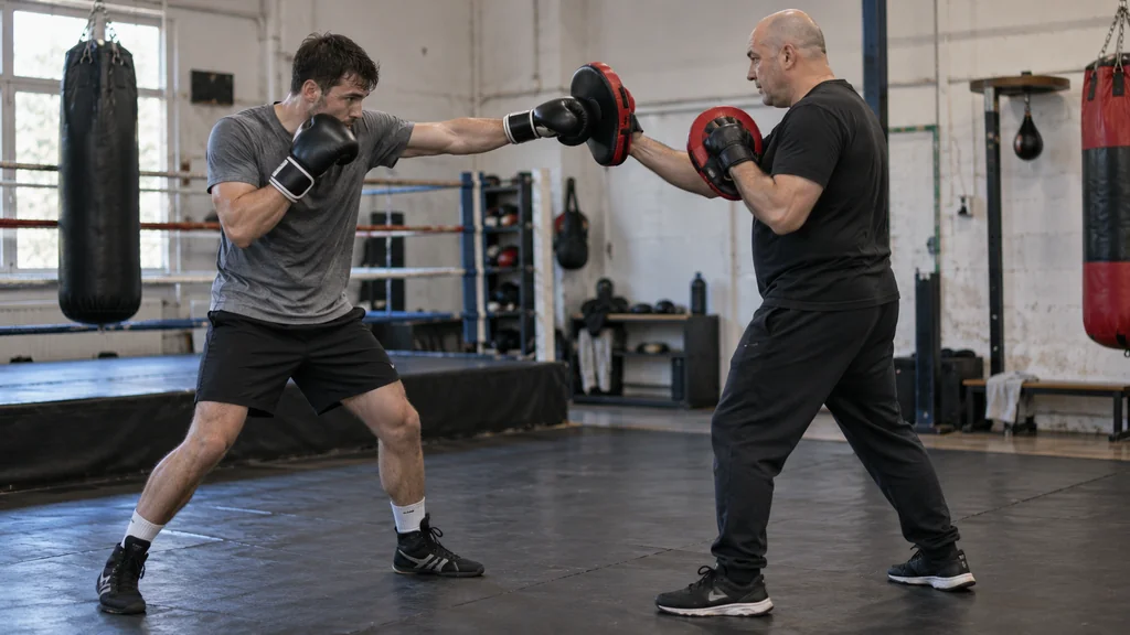Adult recreational boxer practising a measured jab-and-pause drill with a coach holding focus mitts in a modest boxing gym