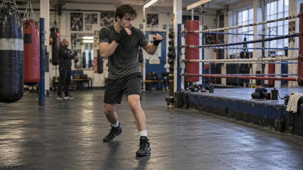 Anonymous adult boxer shadow boxing through a quiet half-step and pause while staying balanced in a worn community boxing gym