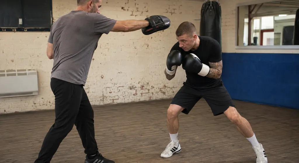 Adult boxer using a compact outside slip during a slow focus-mitt drill with feet still in stance