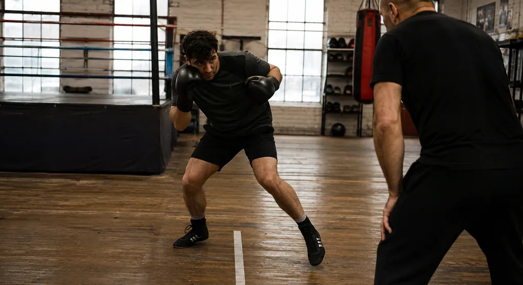 Boxer shadow boxing beside a floor line after a lead slip while a coach checks balance and guard position