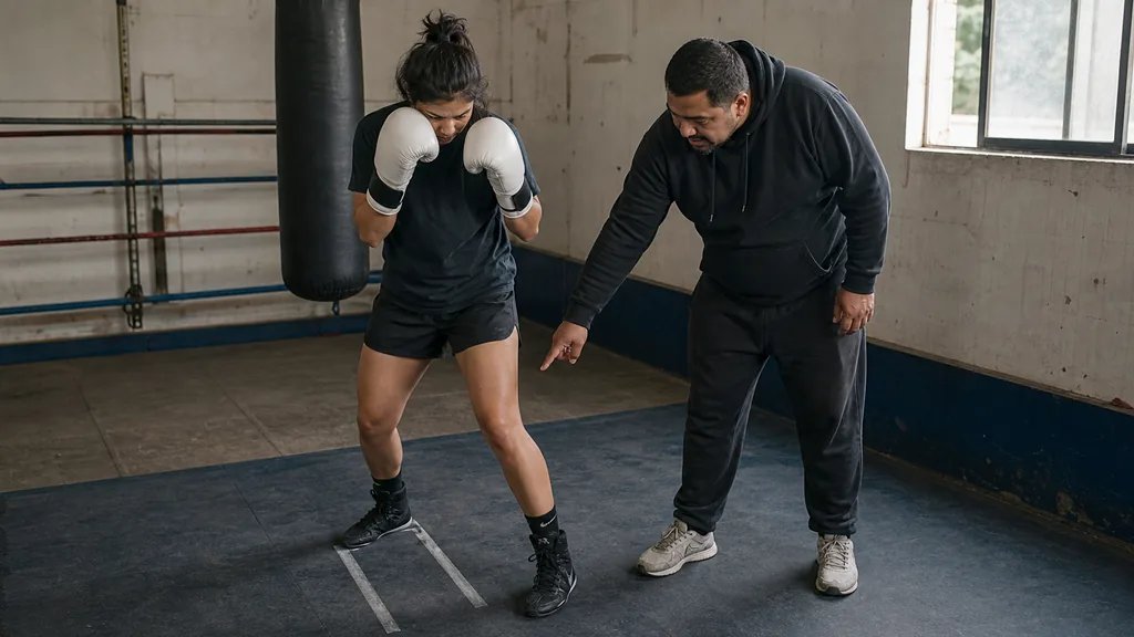 Coach marking a rear-foot angle with floor tape while an adult boxer keeps a balanced guard in a community boxing gym