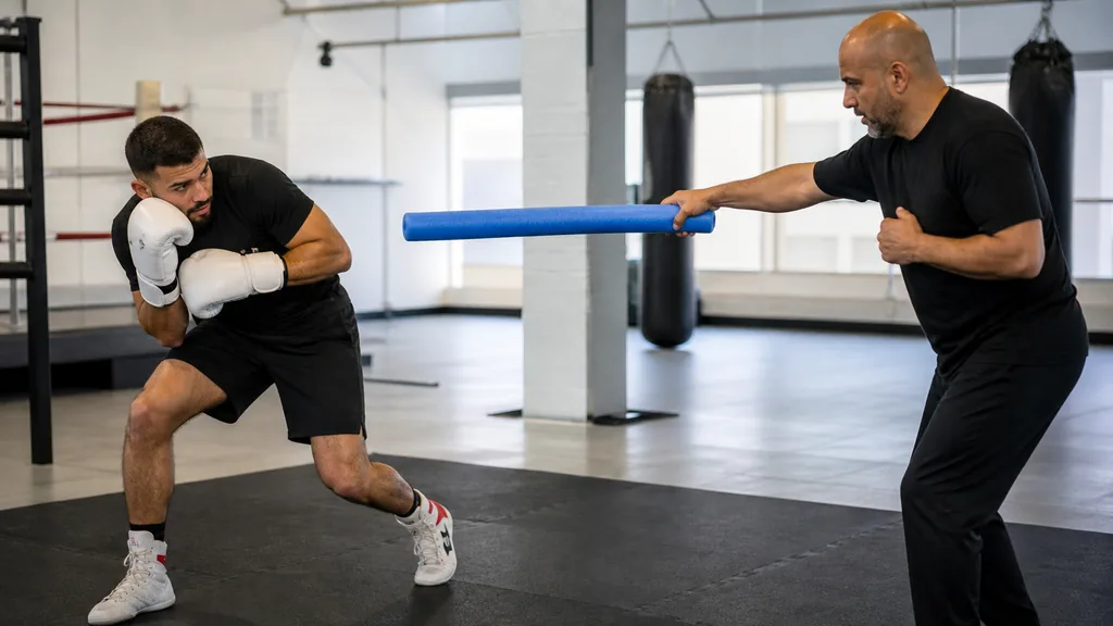 Adult boxer using a compact tuck and rear-foot pivot away from a slow foam-noodle straight-punch cue in a controlled gym drill