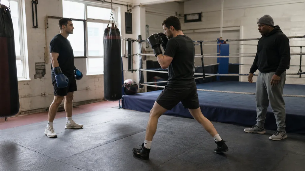 Two adult recreational boxers and a coach finishing a controlled rear-foot pivot drill with a balanced guard and clear space