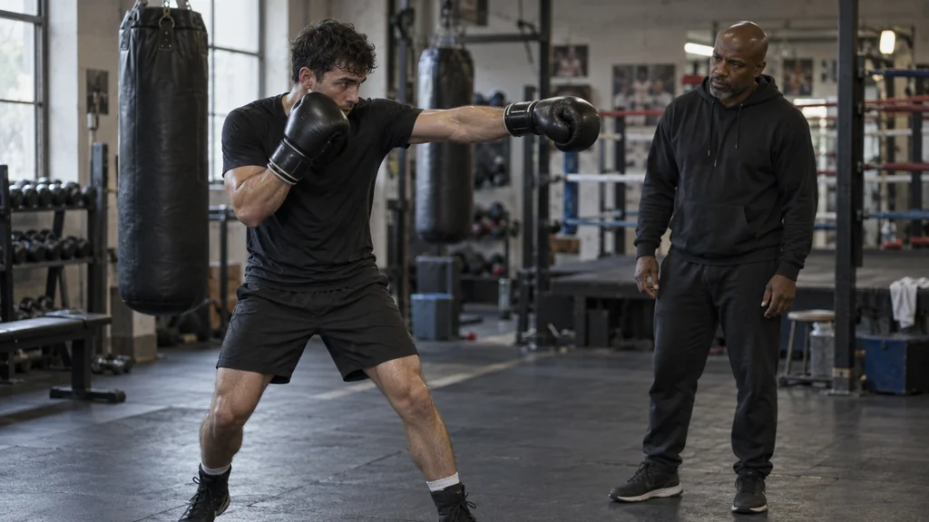 Adult boxer practising a straight lead jab after a compact rear-hand feint while a coach watches in an unbranded community boxing gym