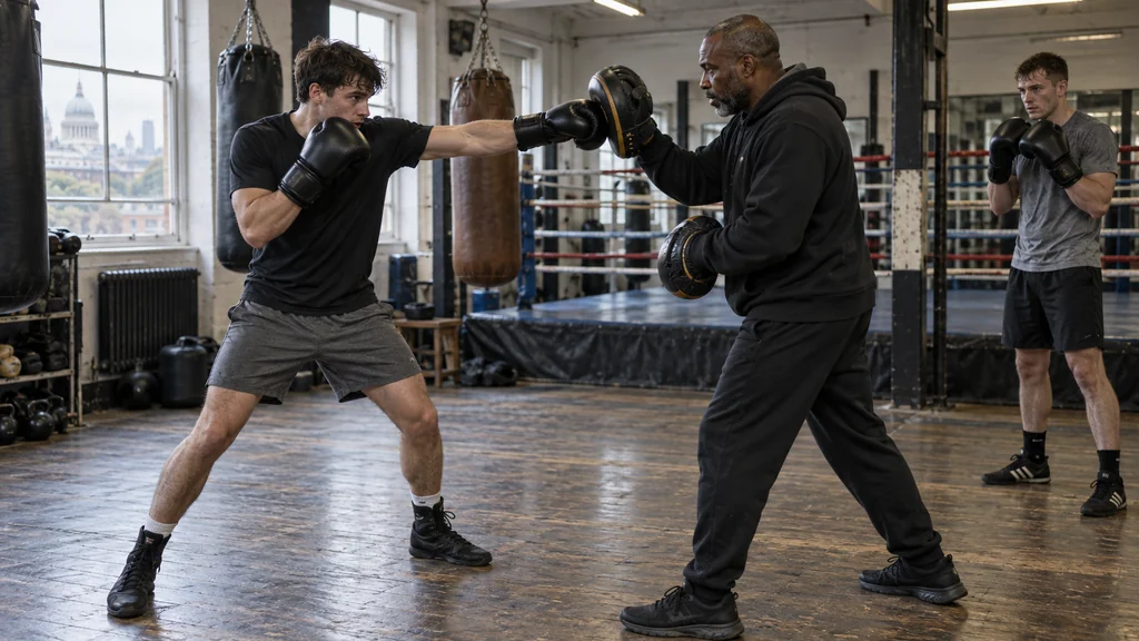 Coach holding focus mitts as an adult boxer practises a compact rear-hand cue and a controlled straight jab in a technical non-contact session