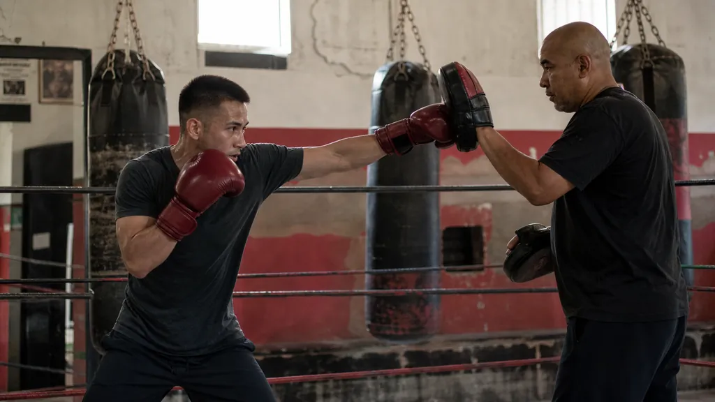 Adult boxer and coach practising a short straight-punch touch on pads with a compact guard in an unbranded boxing gym