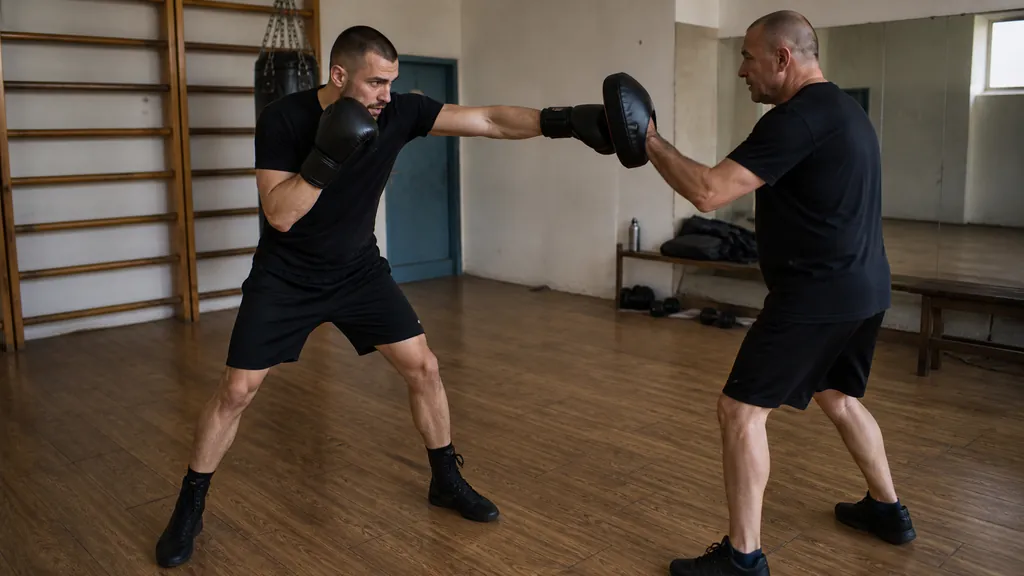 Two anonymous adult boxers working a slow glove-touch and high-guard response drill under coach supervision