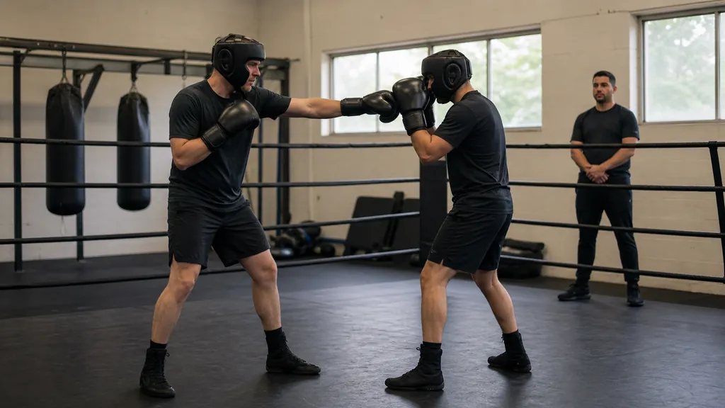 Anonymous adult boxer using a measured glove touch against a closed guard during a slow technical drill in a community boxing gym