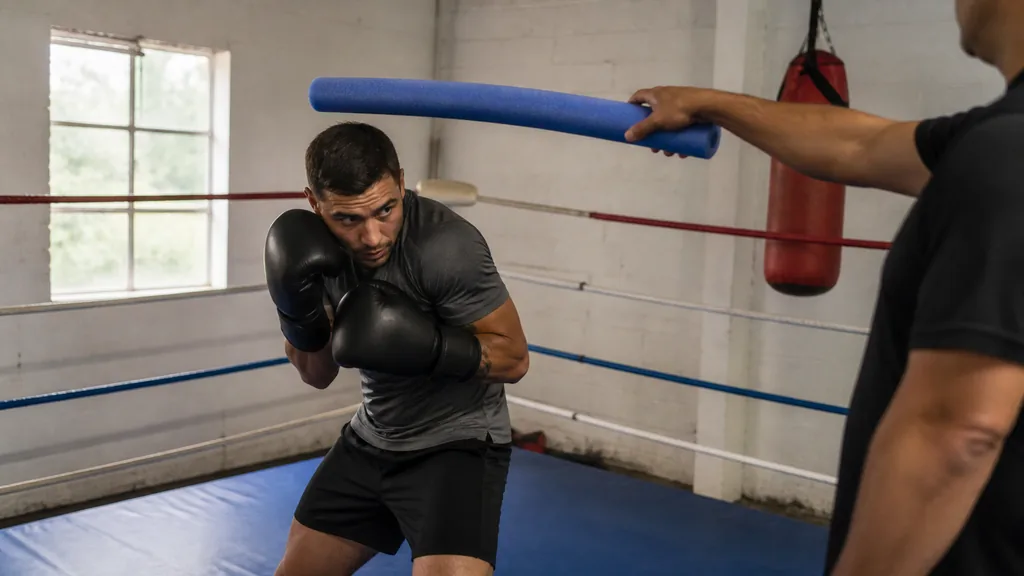 Adult boxer making a compact rear-side roll under a soft coaching cue with both gloves close to the face