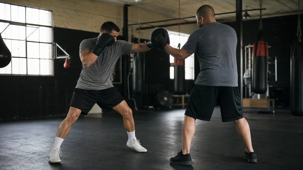 Coach holding a single focus mitt while an adult boxer works a measured technical drill from a balanced stance