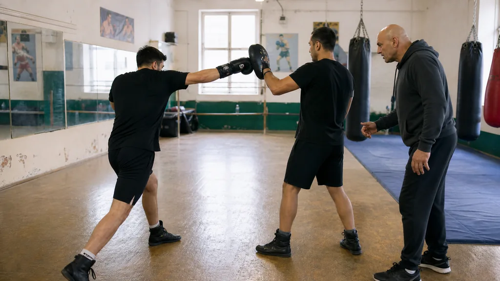Adult boxers and a coach during a supervised light mitt drill in a community boxing gym