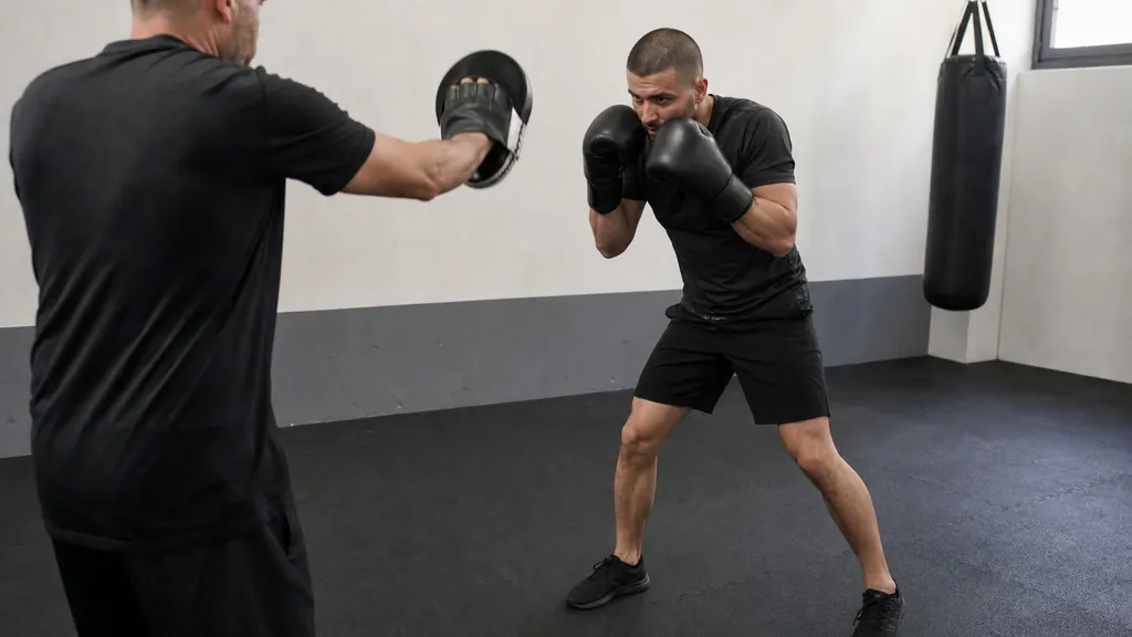 Adult boxer practising a small rear slip with eyes forward and both gloves close to guard during a slow coached boxing drill