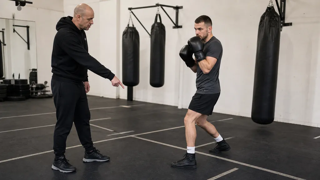 Coach indicating the floor line as an adult recreational boxer finishes a small rear-side pivot with a balanced stance