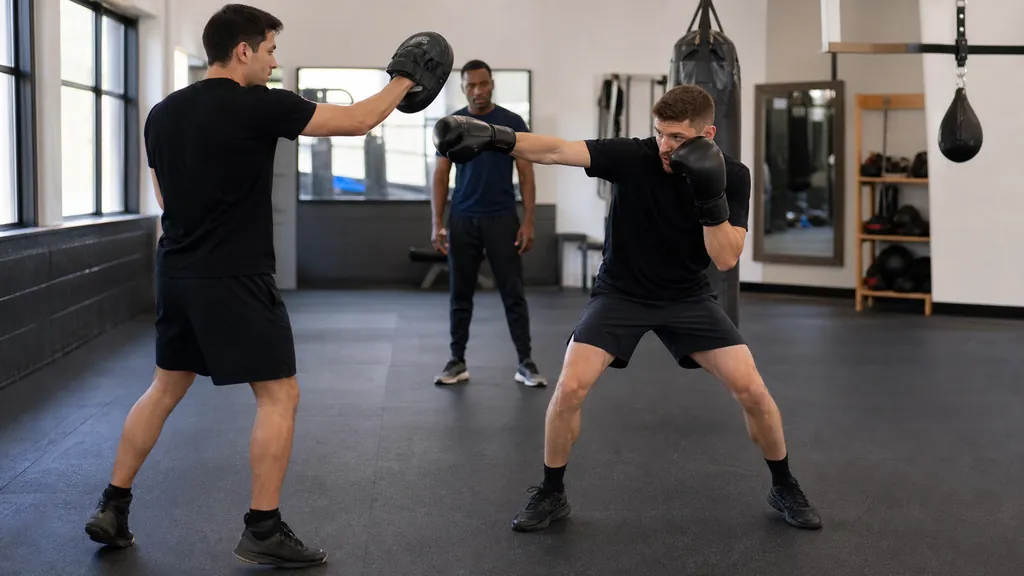 Two adult boxers using a slow non-contact slip, pivot and jab drill with a coach supervising distance in an unbranded boxing gym