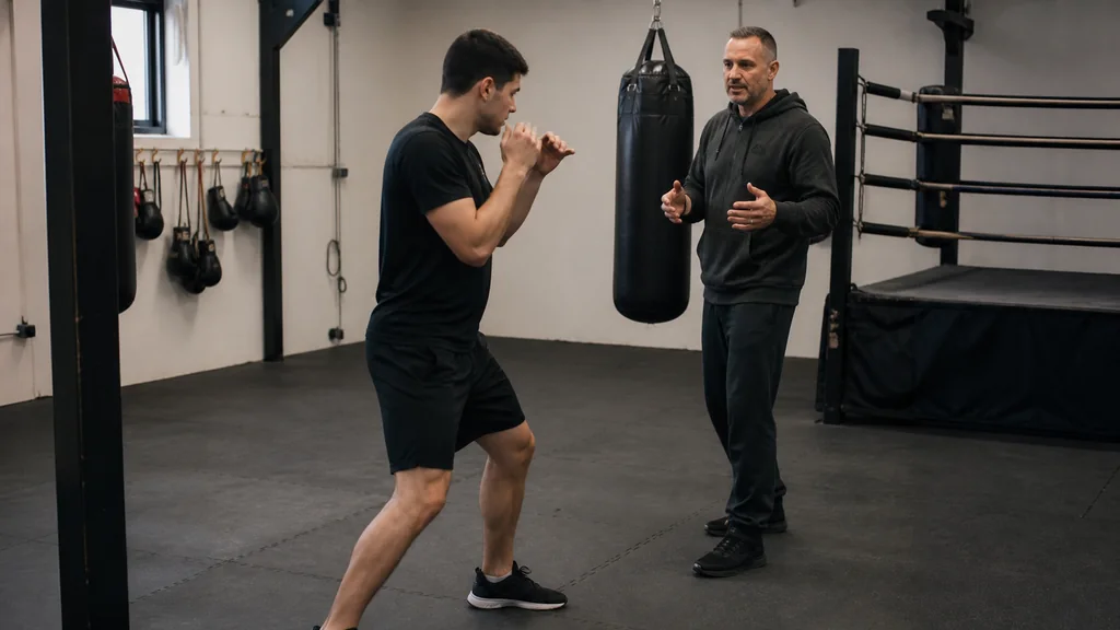 Adult coach guiding an anonymous recreational boxer through relaxed-shoulder shadow boxing in an unbranded gym