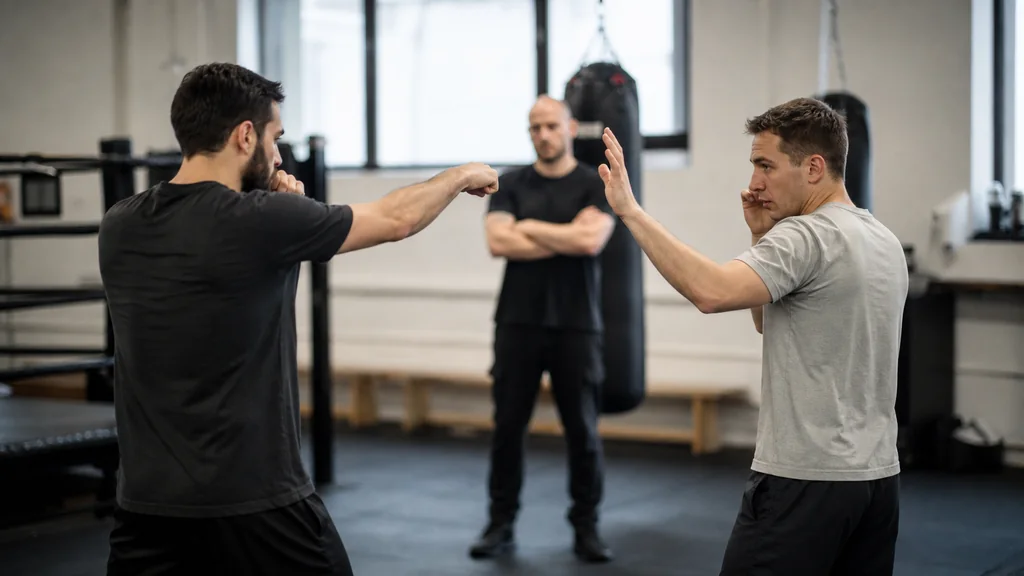 Two anonymous adult boxers practising a slow no-contact shadow-boxing drill with relaxed guards while a coach observes
