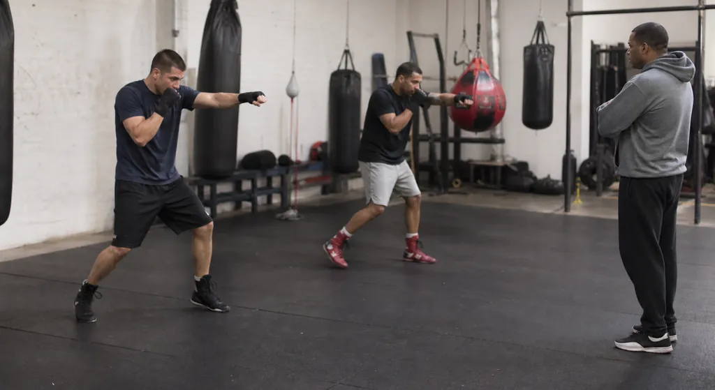 Two adult recreational boxers rehearse controlled shadow boxing and footwork under a coach's supervision