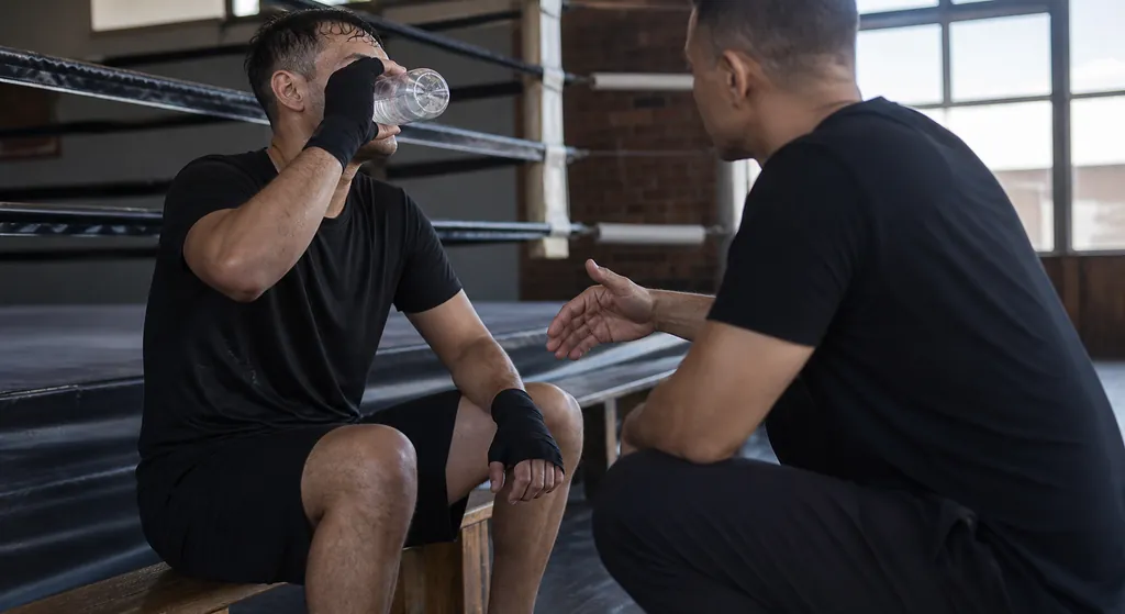 Adult boxer takes a measured water break while a coach checks in after a controlled return-to-training round