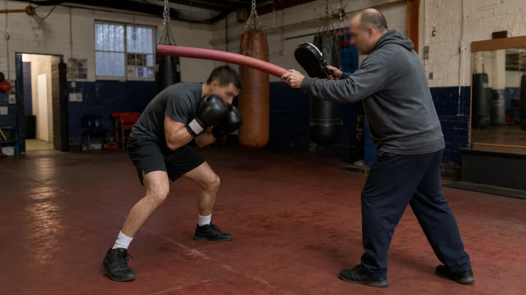 Adult recreational boxer practising a compact roll under a soft foam coaching cue with knees bent and eyes forward
