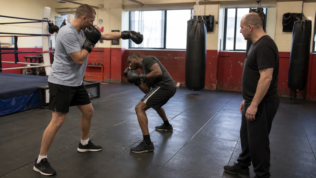 Adult boxer moving through a small slip-and-roll drill as a coach gives a foam-padded cue in a community boxing gym