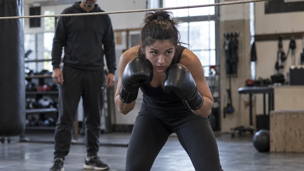 Anonymous adult boxer making a compact defensive roll under a foam cue after a controlled one-two in a community boxing gym
