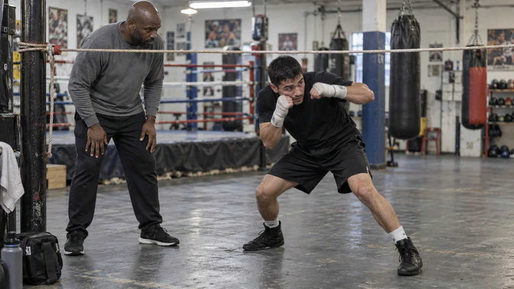 Anonymous adult boxer keeping both gloves high while practising a small roll beneath a shoulder-height rope in a coached boxing drill