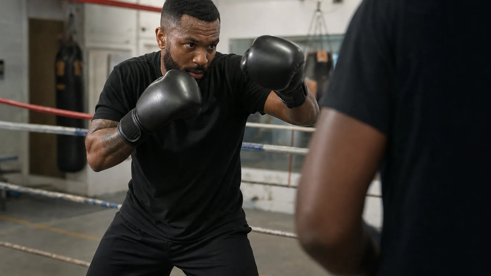 Amateur boxer light on the toes while tracking range before setting to punch