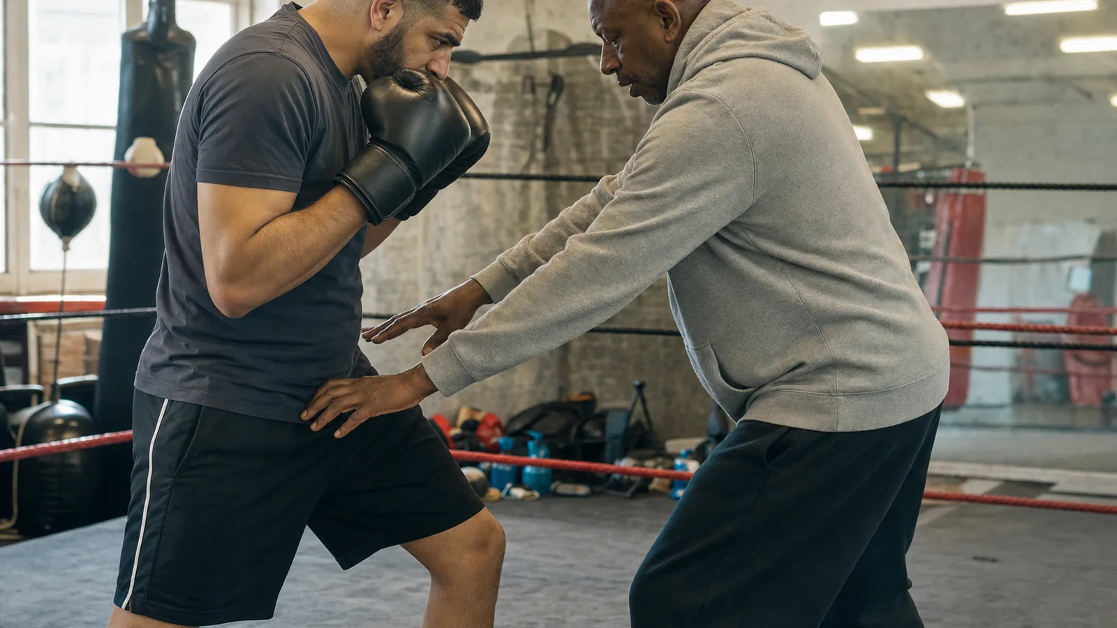 Coach correcting an amateur boxer's stance before a pad combination
