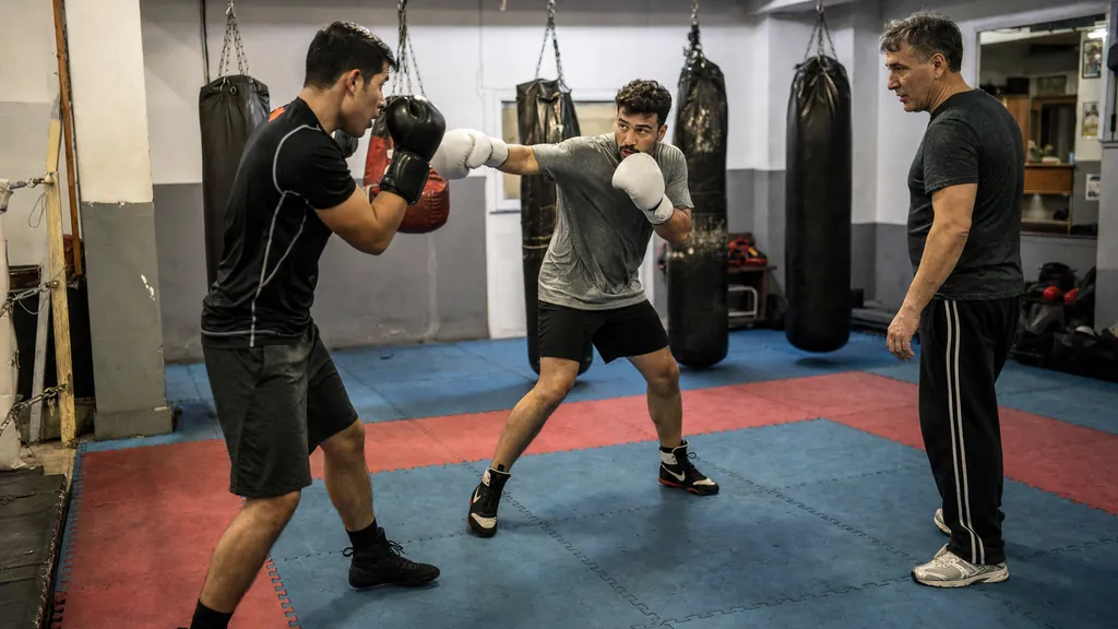 Two adult boxers practising a controlled step-back counter drill while a coach watches the distance