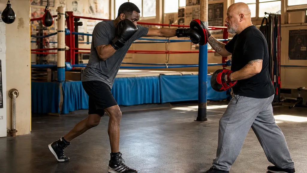 Adult boxer and coach working a stance-shift counter on focus mitts in a community boxing gym