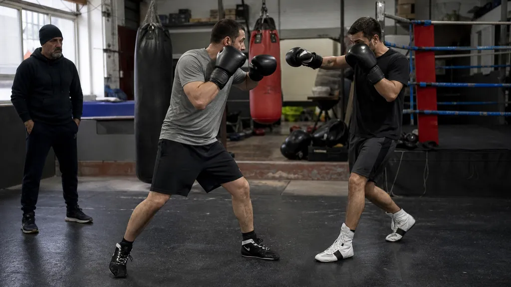 Small group of adult recreational boxers drilling pressure, step-back counters and resets under coach supervision