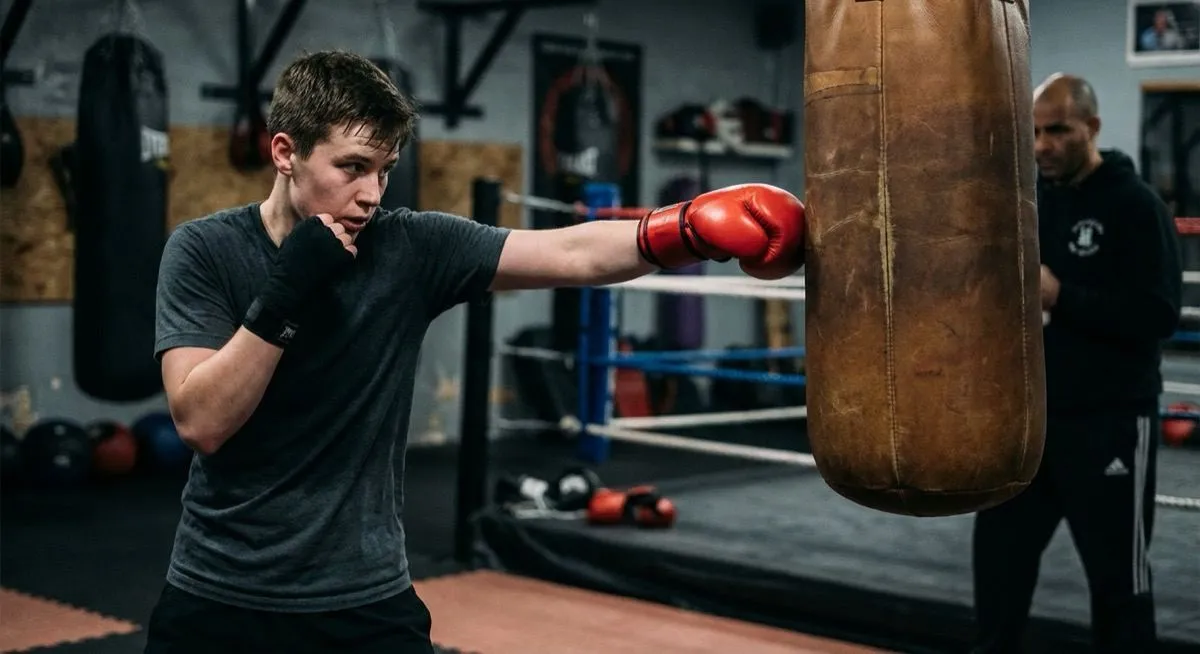 Beginner hitting a heavy bag at home without much room around the setup