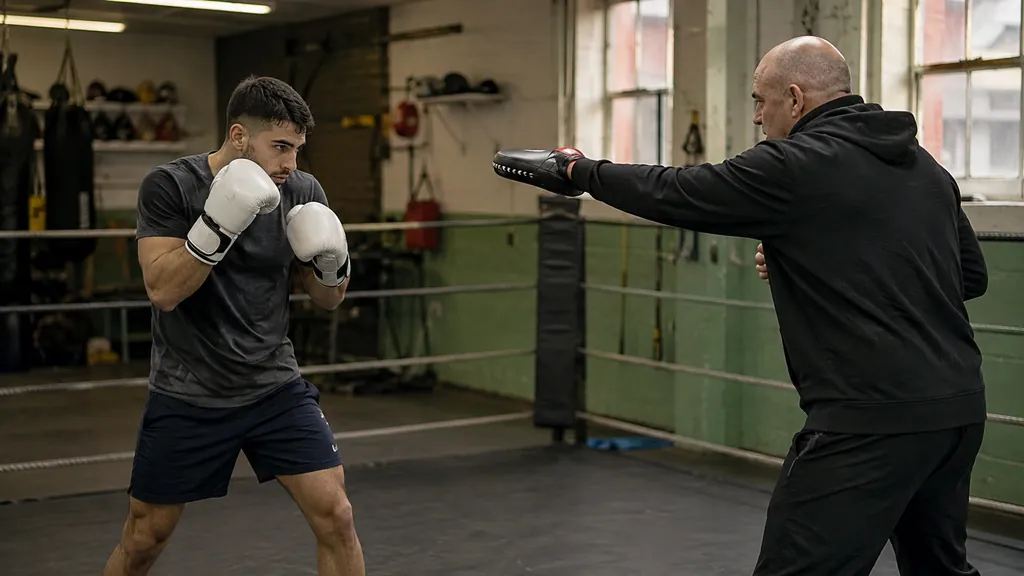 Adult boxer using a compact shoulder turn as a coach presents a slow straight-punch cue in a controlled community gym drill