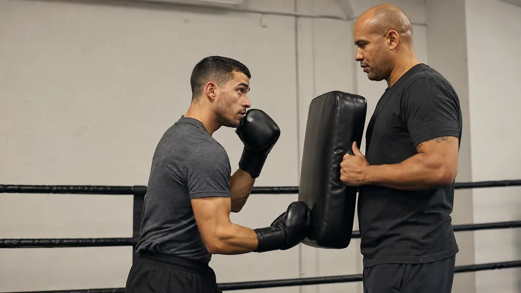 Adult boxer landing a light compact rear uppercut to a body shield with the lead glove held in guard