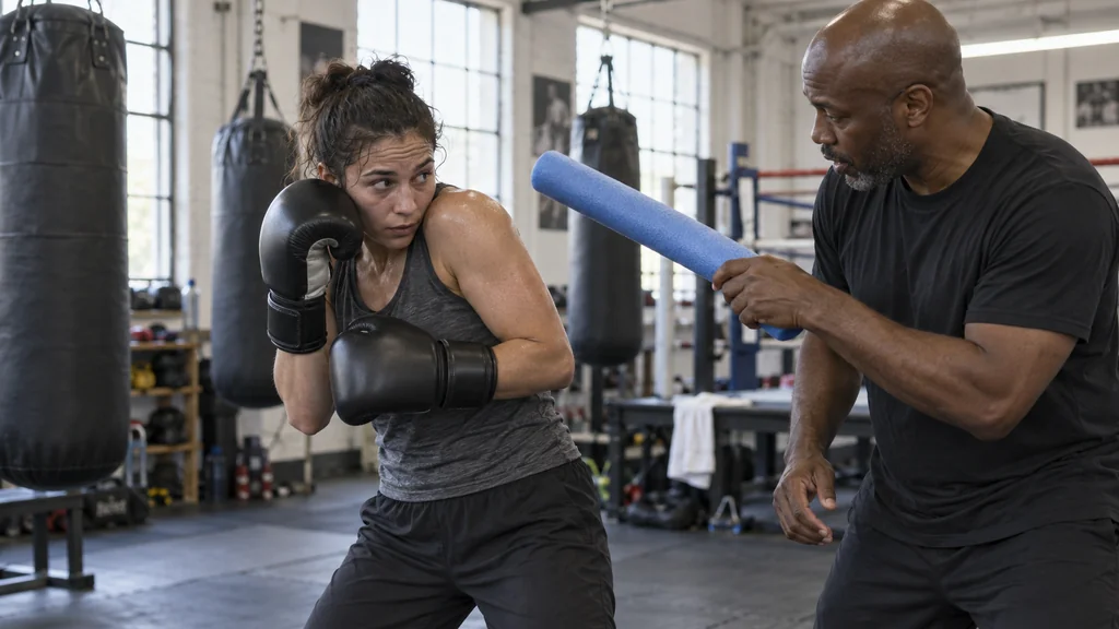Adult recreational boxer using a compact shoulder turn against a coach-held foam cue while keeping the rear glove high