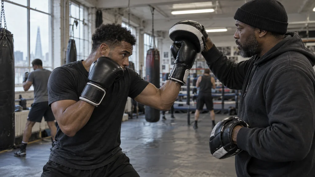 Adult boxer landing a compact rear uppercut to a coach-held focus mitt while keeping the lead glove in guard