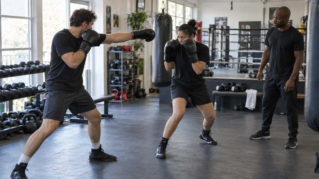 Anonymous adult boxer taking a compact side step outside a slow jab line while a coach holds a focus mitt in a bright community boxing gym