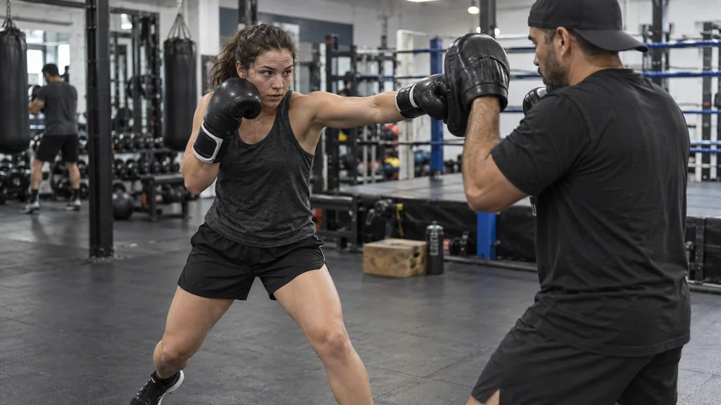 Adult recreational boxer landing a measured rear-hand cross on a plain focus mitt after a compact defensive side step in a community boxing gym