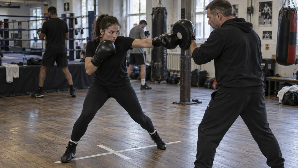 Adult recreational boxer landing a controlled side-step cross on a focus mitt after moving outside a single slow jab cue in a community boxing gym