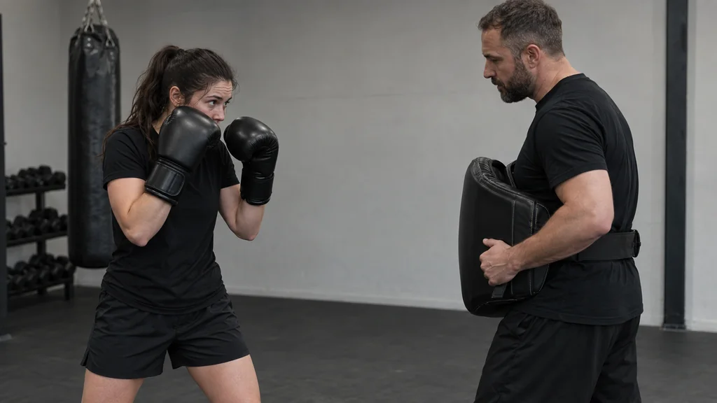 Anonymous adult boxer placing a light rear-hand body shot on a coach-held body shield during a controlled technical drill