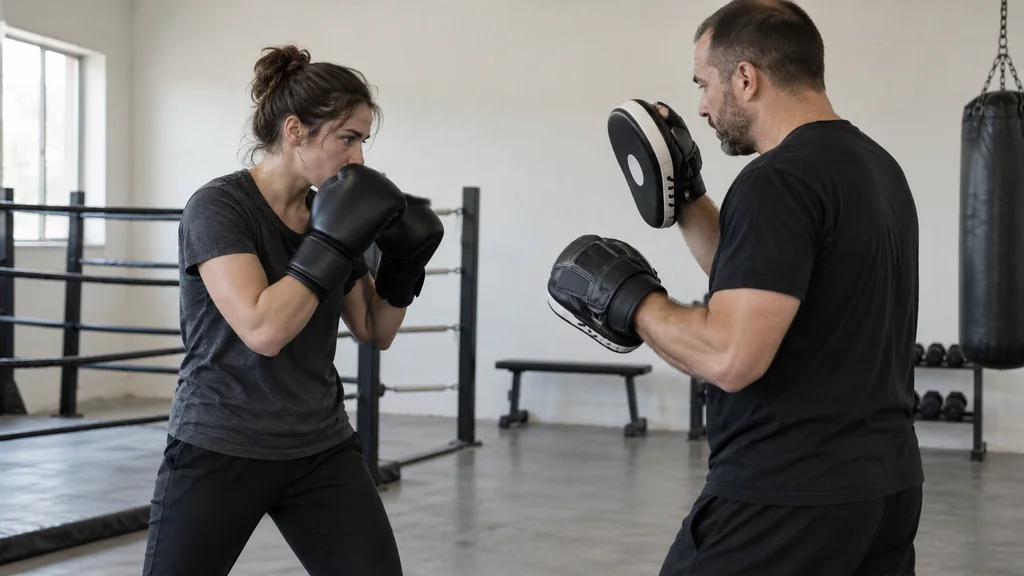 Adult beginner boxer works slowly on focus mitts while a coach keeps the pace controlled