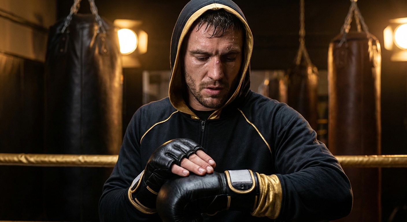 A boxer resting ringside, looking fatigued, dramatic black and gold boxing gym
