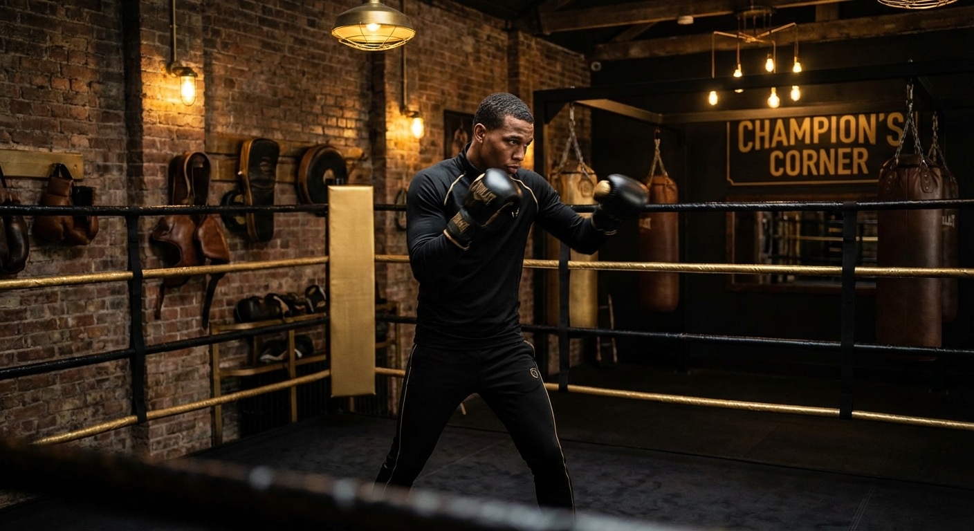 A boxer doing light shadow boxing in recovery mode, black and gold gym environment