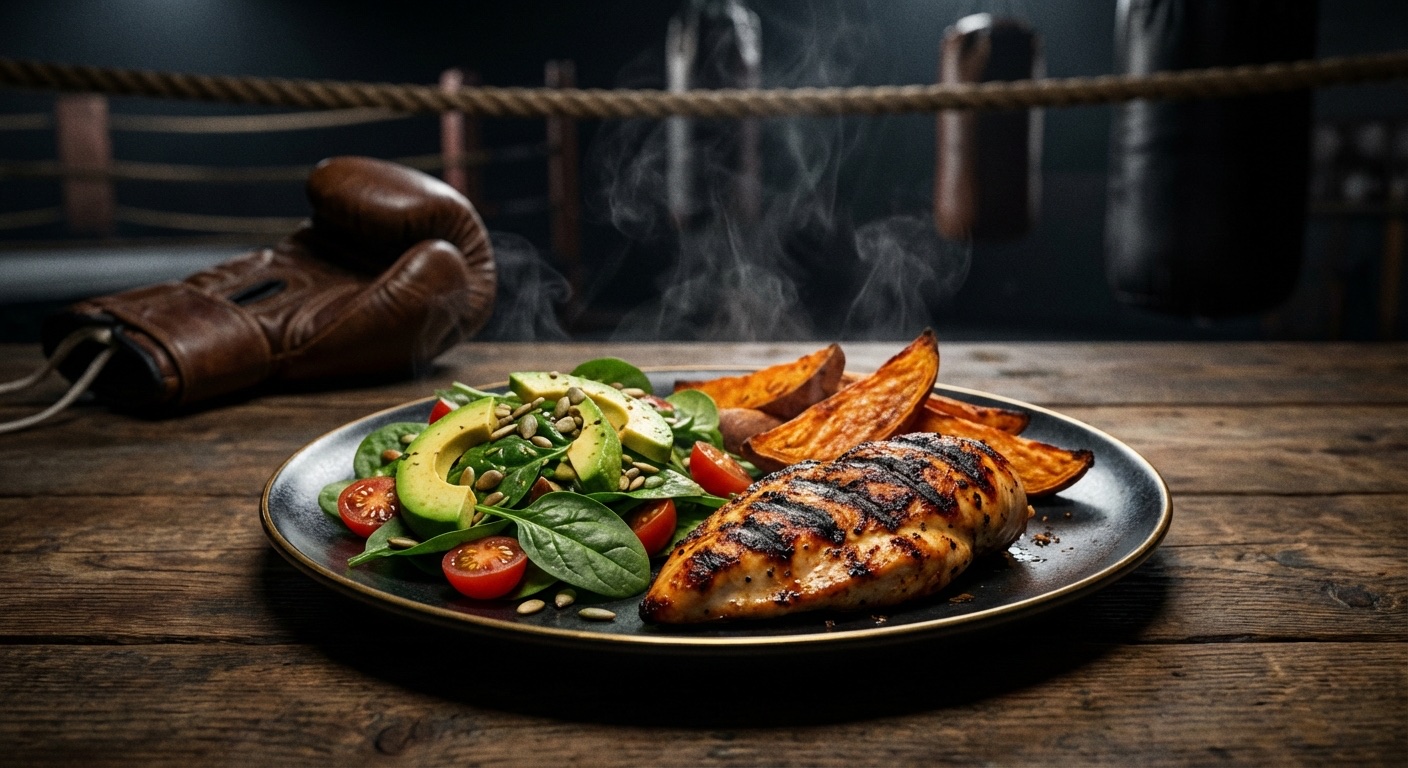 Nutritious post-training meal with protein and recovery foods, clean dark aesthetic