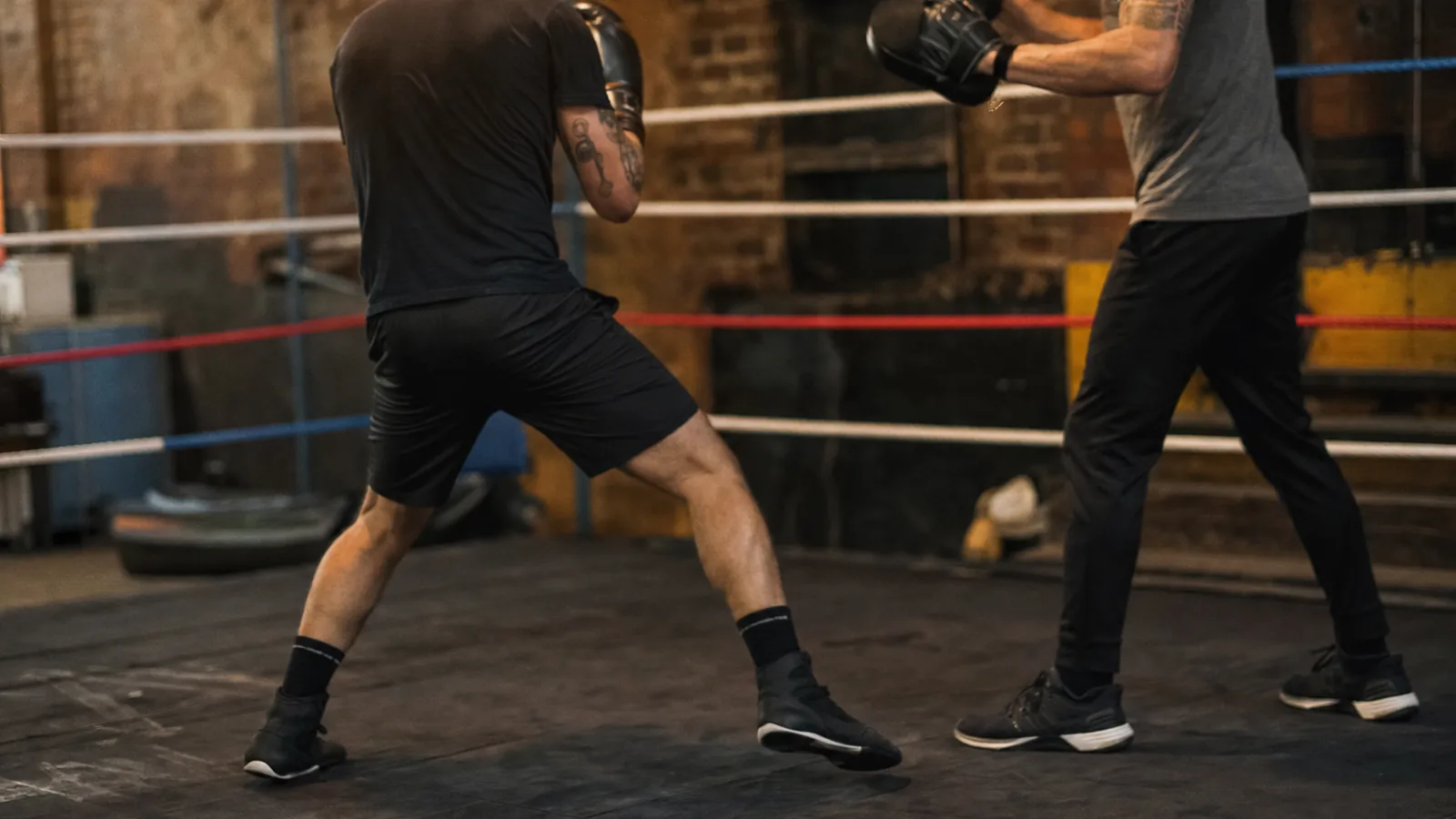Anonymous boxer working through controlled padwork in a boxing gym
