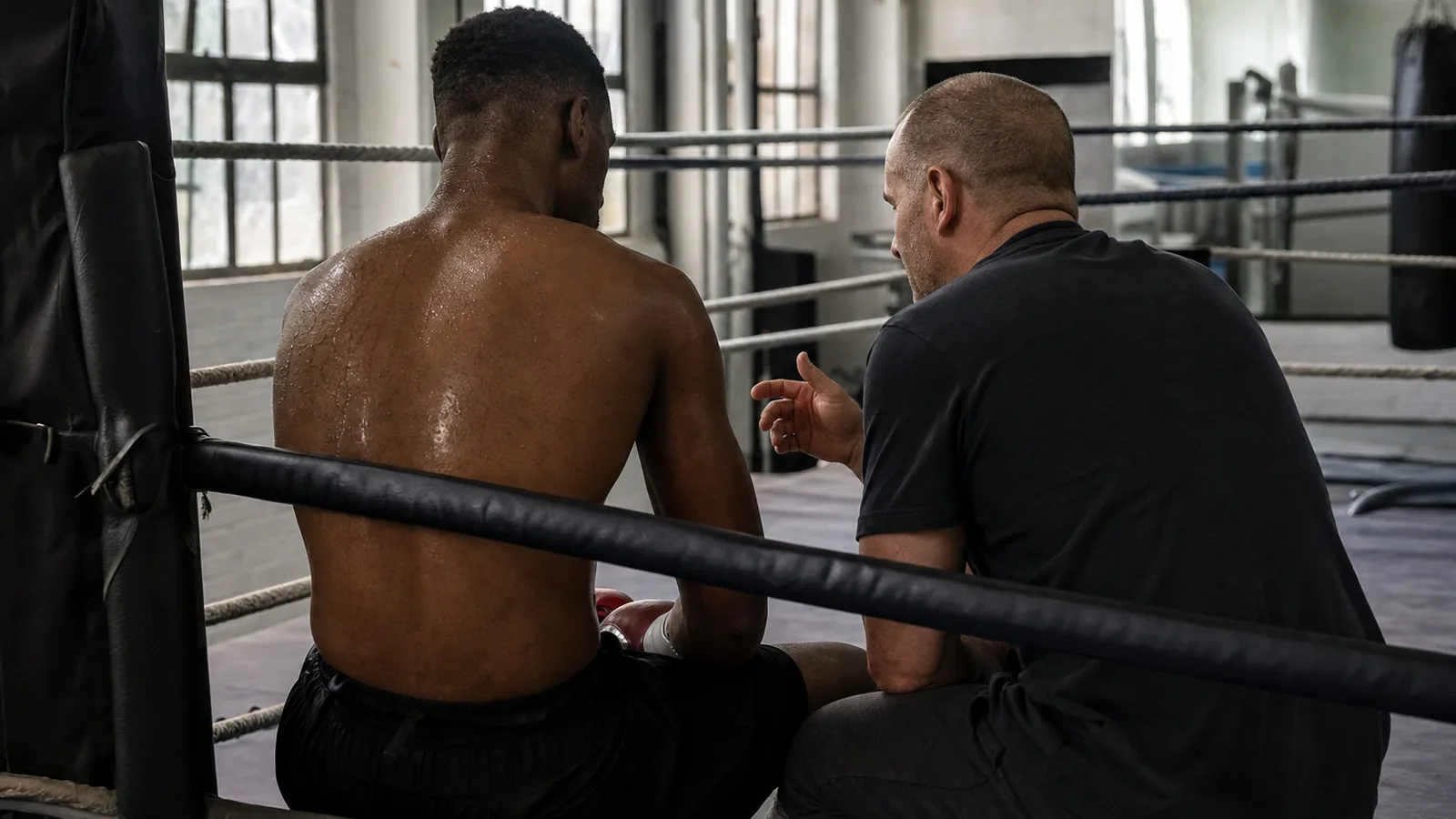 Coach giving calm corner advice to an anonymous adult boxer