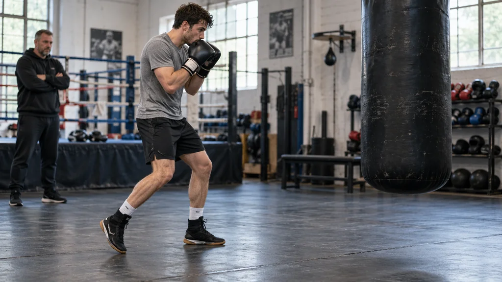 Anonymous adult boxer practising a single-foot rhythm bounce beside a heavy bag with both gloves in a compact guard
