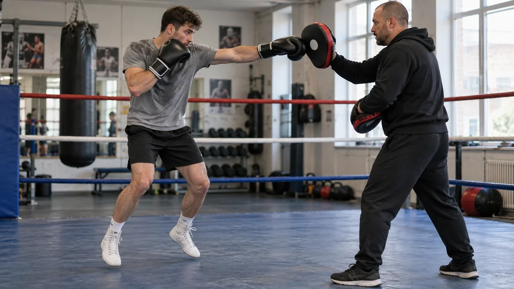 Anonymous adult boxer using a compact two-foot bounce before a supervised straight jab on a coach-held focus mitt